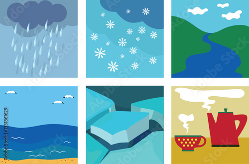 Place of water in nature: rain, snow, river, vapor, ice