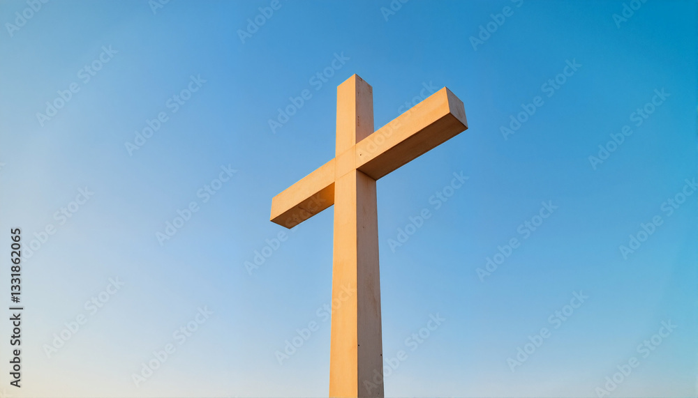 Wooden cross against clear blue sky for blogs, websites, religious themes, spiritual education, inspirational content, sermons, and holiday-related designs Wooden cross against clear blue sky for blogs, websites, religious themes, spiritual education, inspirational content, sermons, and holiday-related designs