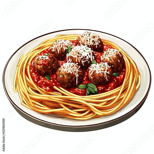 Spaghetti with meatballs Spagetti with tomato sauce meatballs and cheese Classic pasta dish vector clip art illustration isolated on a white background