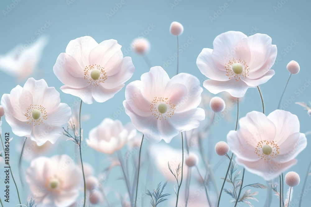 Soft pink flowers bloom against a serene blue background in a tranquil garden setting during springtime Soft pink flowers bloom against a serene blue background in a tranquil garden setting during springtime