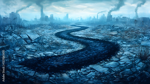 Post-apocalyptic river winding through ruined city