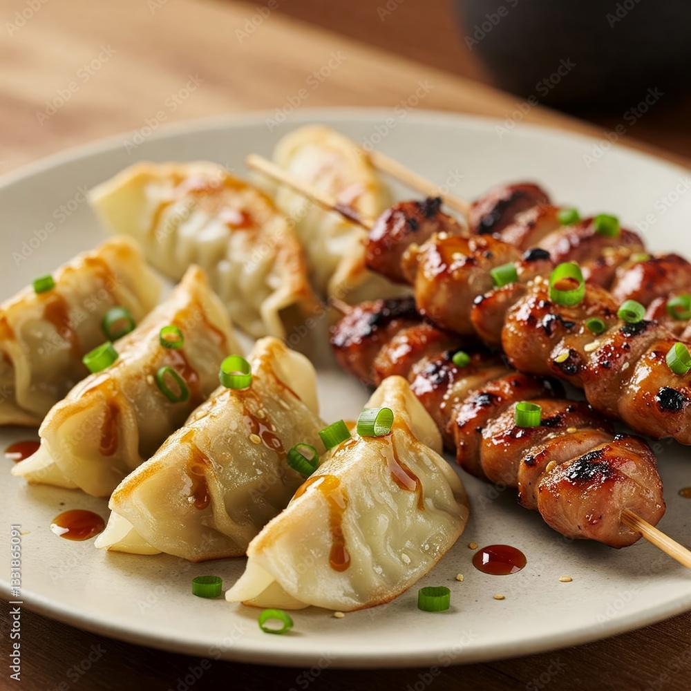Delicious looking gyoza and yakitori Delicious looking gyoza and yakitori