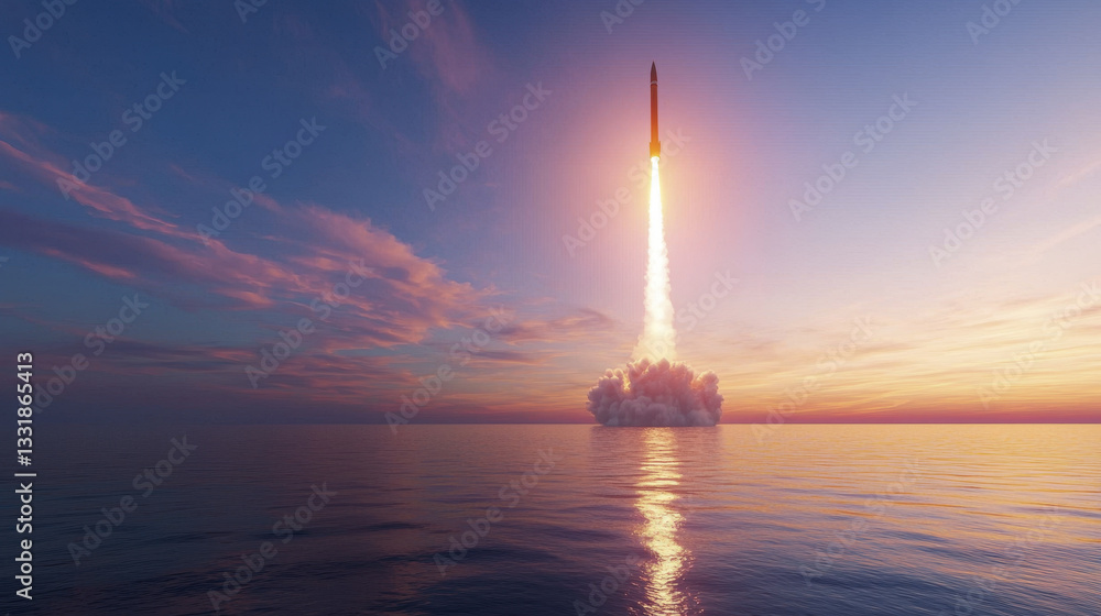 powerful missile launches from ocean at sunset, creating stunning display powerful missile launches from ocean at sunset, creating stunning display