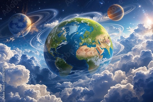 Fototapeta Naklejka Na Ścianę i Meble -  Enchanting Earth Animation Spinning Among Clouds and Celestial Wonders