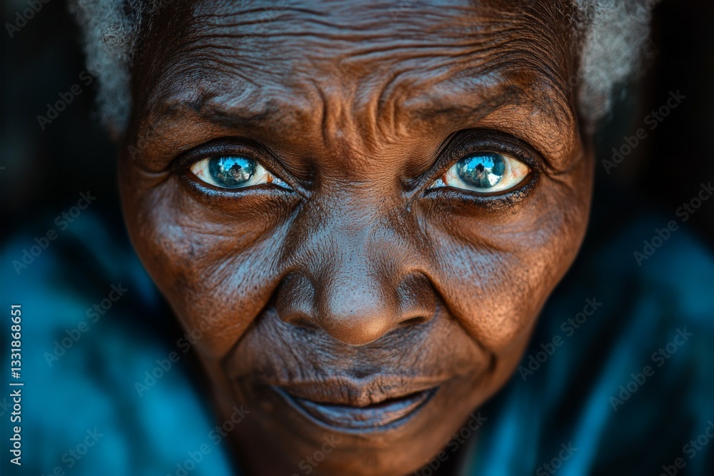 Unique close-up portrait of a woman with striking blue eyes and textured skin, showcasing wisdom and experience Unique close-up portrait of a woman with striking blue eyes and textured skin, showcasing wisdom and experience