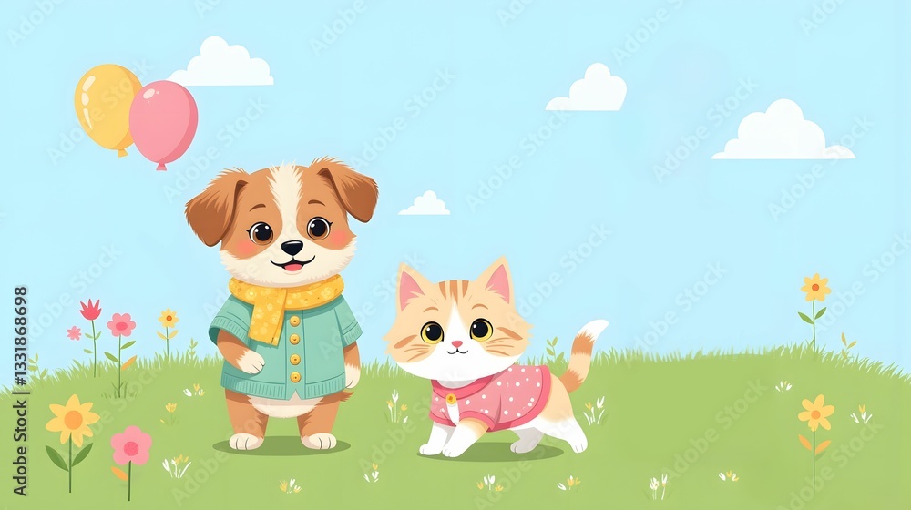 AI-generated cute cartoon puppy and kitten in colorful outfits on a grassy field with balloons AI-generated cute cartoon puppy and kitten in colorful outfits on a grassy field with balloons