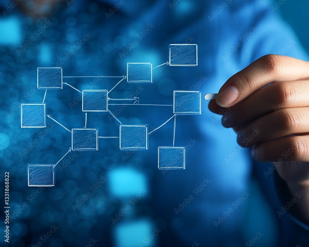 Hand Drawing Flowchart on Blue Background Hand Drawing Flowchart on Blue Background