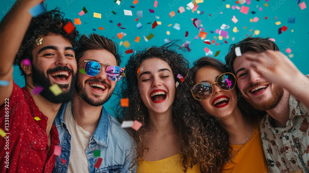 Fototapeta premium Happy friends celebrating with confetti colorful party joyful festive smiles laughter fun blue group