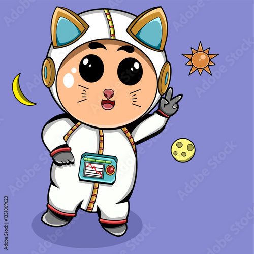 Astronaut cat ruining on a space with peace hand
