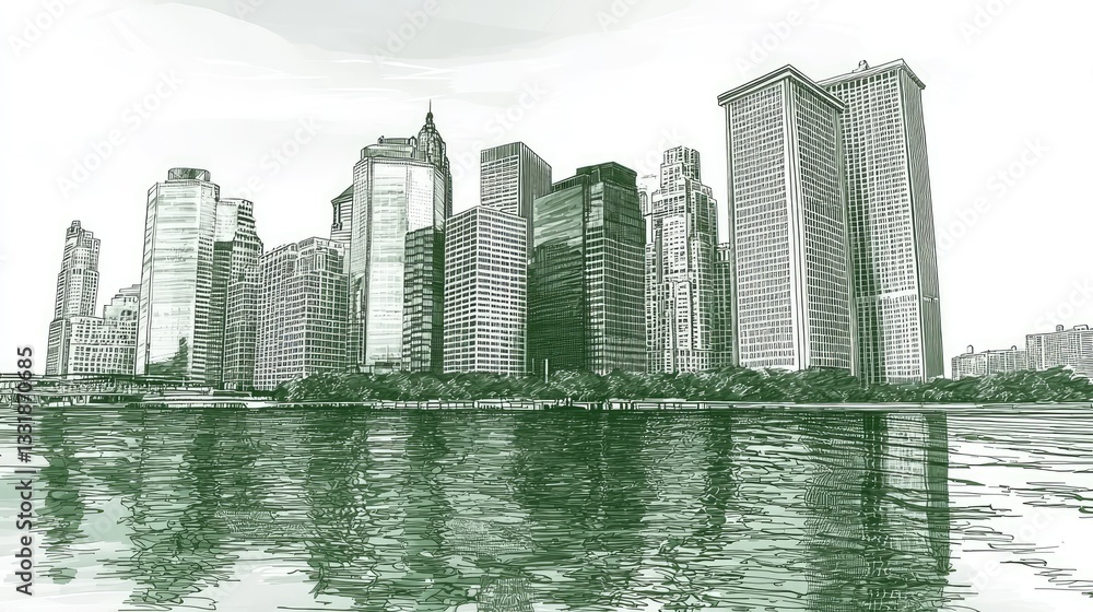 Fototapeta premium Skyline sketch of skyscrapers reflecting in water on a clear day for architectural uses