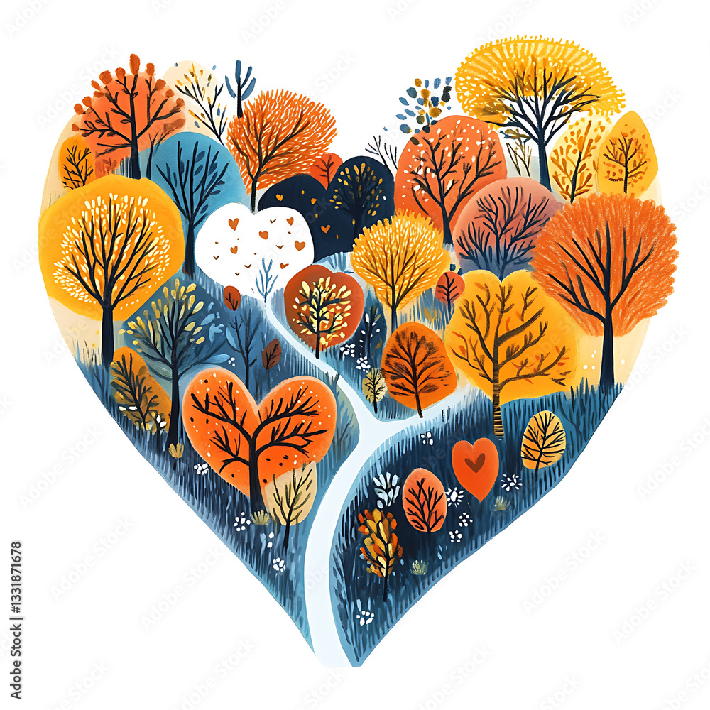 Heart-shaped forest filled with colorful trees and love symbols during autumn in a serene landscape