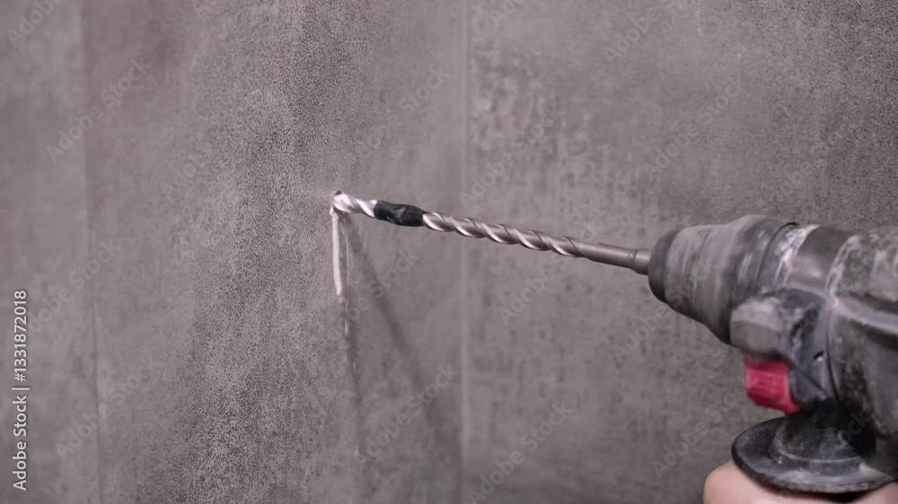 Construction worker using rotary hammer drill, creating precise hole in gray concrete wall while generating dust and debris during renovation project Construction worker using rotary hammer drill, creating precise hole in gray concrete wall while generating dust and debris during renovation project