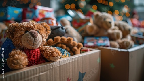 Christmas toy drive donation boxes filled with stuffed animals and gifts