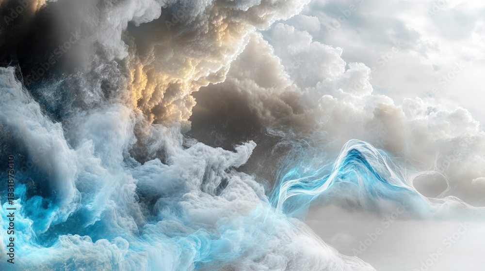 Naklejka premium Aquamarine Fluid Marble Texture with Floating Cloud Silhouettes, Crisp White Negative Space, Embodying Corporate Wellness Concept.