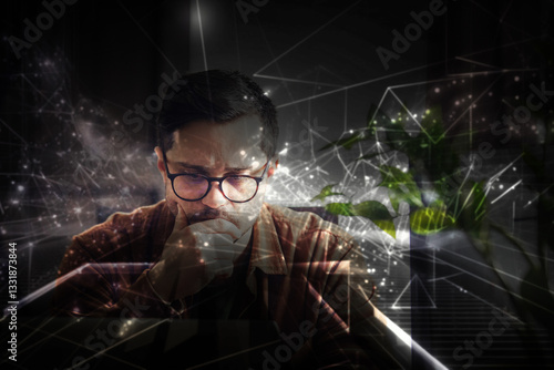 Tired developer working with laptop at home, illustration of connecting