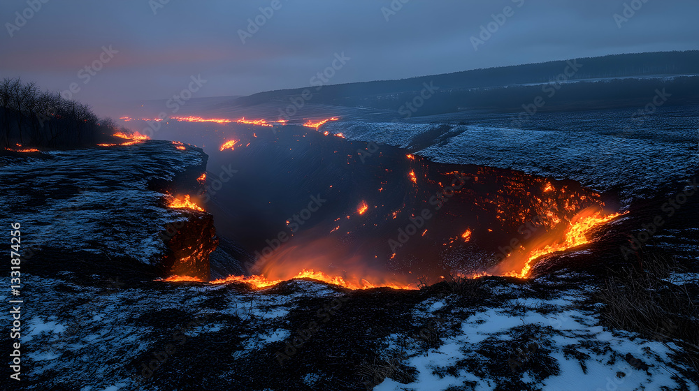 Naklejka premium Lava flows at night, mountain scene
