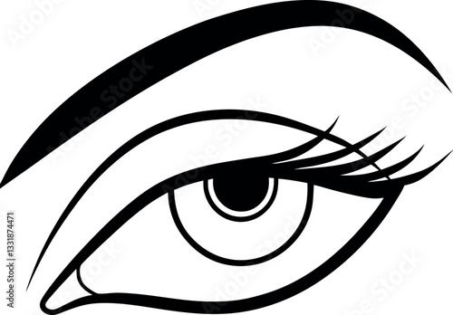 "Black-and-white line drawing of a stylized eye with defined lashes and eyeliner, ideal for beauty-related coloring books, makeup learning worksheets, and art projects"
