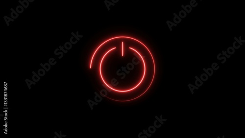 Abstract neon power button icon red color 4k illustration on black background red color circle.