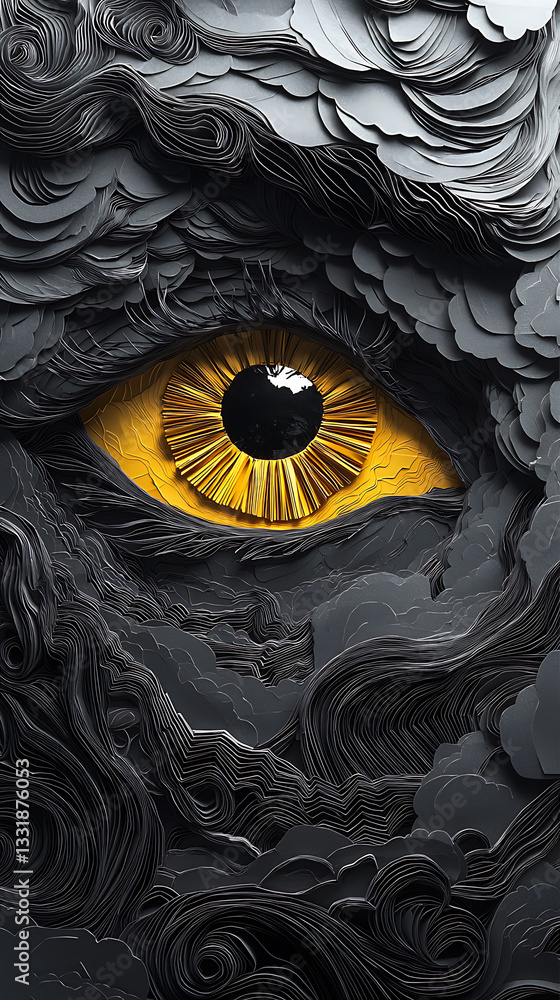 Intricate paper art depicting a large eye surrounded by swirling clouds in vibrant colors and detailed textures