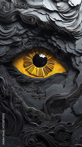 Obraz na płótnie Intricate paper art depicting a large eye surrounded by swirling clouds in vibrant colors and detailed textures w salonie