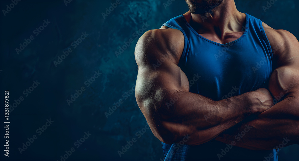 Obraz premium Mężczyzna o umięśnionych ramionach – portret w sportowej odzieży na tle w ciemnych barwach