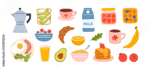 Hand drawn breakfast illustrations. Coffee cup, fried egg, croissant, milk, cereal, bacons, jam, citrus juice, avocado, tomato, pancake. Healthy tasty food and drinks. Vector flat doodle illustration.