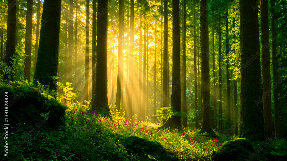 Fototapeta premium A breathtaking view of a dense green forest with tall trees reaching toward the sky