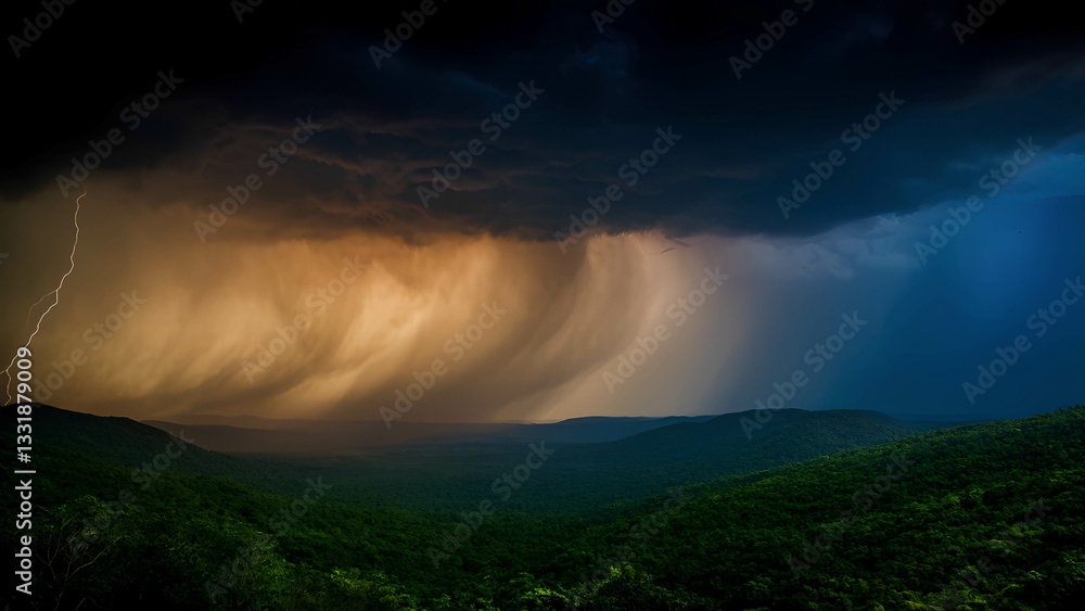 A dramatic nature shot capturing a dark thunderstorm rolling over lush green valleys A dramatic nature shot capturing a dark thunderstorm rolling over lush green valleys