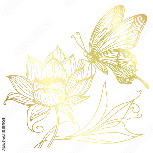 vesak line art lotus, golden lotus with butterfly, A symbol of enlightenment, beauty and spirituality in a graceful and meaningful design.