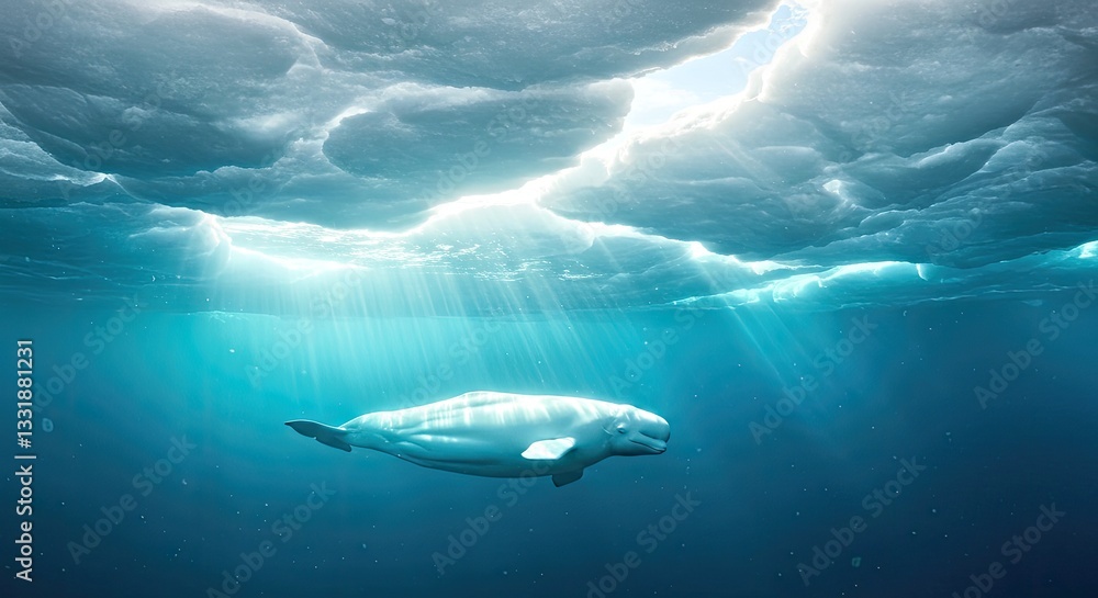 Fototapeta premium A Beluga Whale Swimming Beneath the Arctic Ice, Sunlight Filtering Through the Cracks