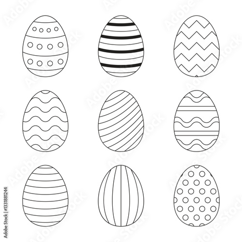 A set of outline illustrations of Easter eggs with unique patterns