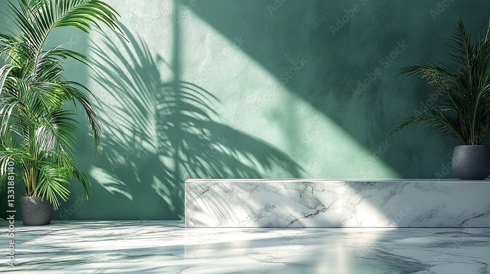 Palm leaf shadow on white marble and light green wall for product display presentation Palm leaf shadow on white marble and light green wall for product display presentation