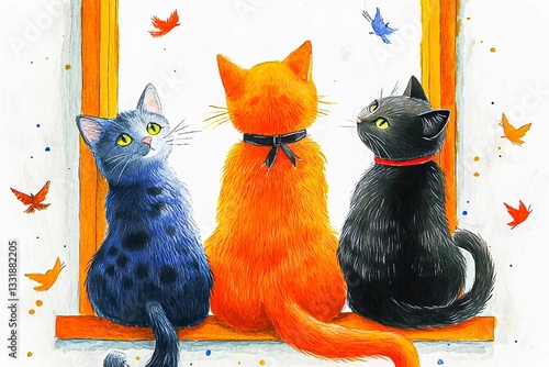 Three cats watching butterflies through a window in a cozy home setting