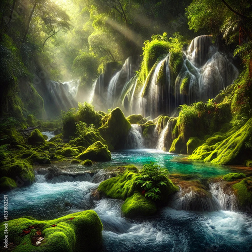 A hidden waterfall deep in a tropical jungle, with crystal-clear water cascading over moss-covered rocks. Sunlight filters through the dense foliage, casting dappled light on the water.  photo