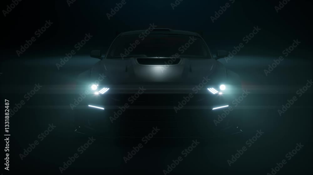 Front View Silhouette Car With Headlights On Dark Black Background Front View Silhouette Car With Headlights On Dark Black Background