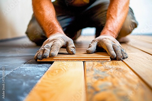 Craftsman applying finishing touches to wooden floor renovation project in a cozy interior