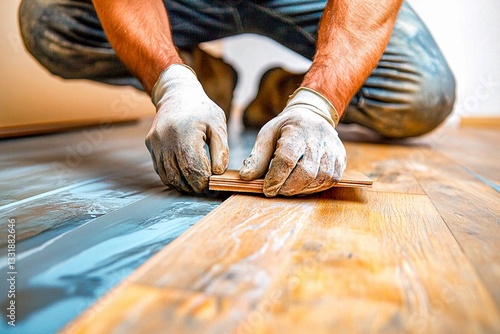 Craftsman applying finishing touches to wooden floor renovation project in a cozy interior
