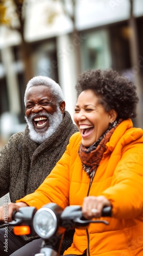 Joyful couple enjoying time together on bicycles in the city
