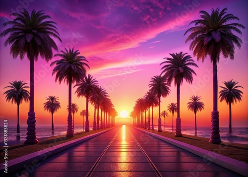 Serene Sunrise Beach Path: Palm Trees, Purple Sky, Tropical Paradise