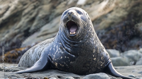 A massive elephant seal opens its mouth wide, roaring or yawning loudly while sitting upright on a.