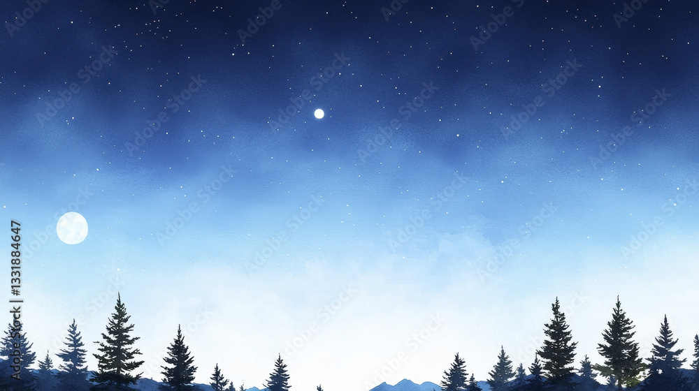 Naklejka premium Serene watercolor landscape featuring glowing moonlit night sky with stars