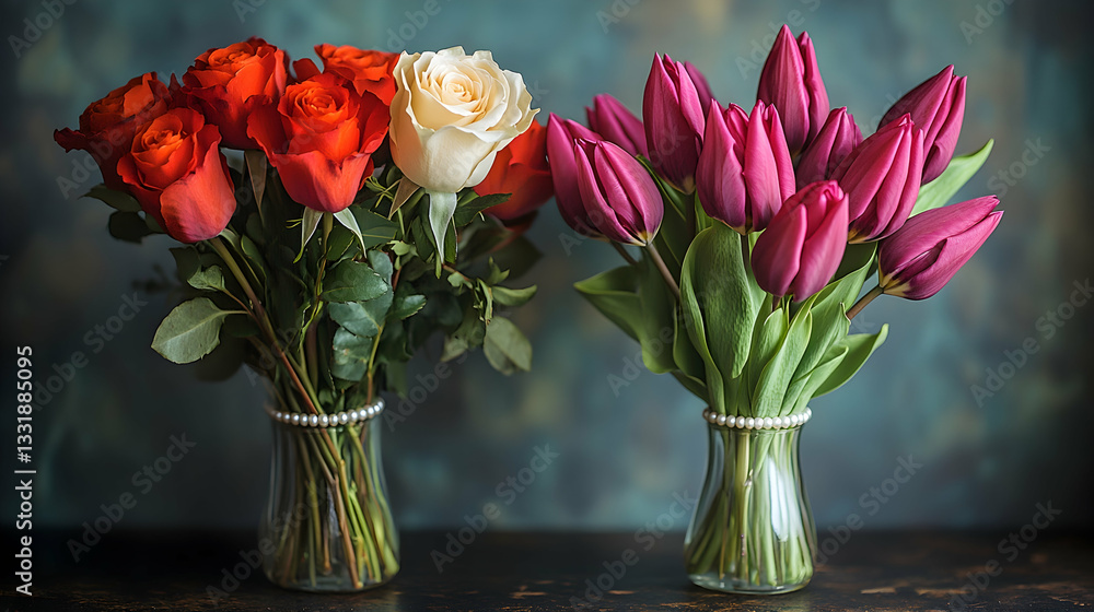 Fototapeta premium Roses and tulips in vases