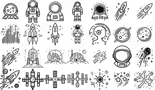 Space Exploration Outline Icon Pack: Astronauts & Planets