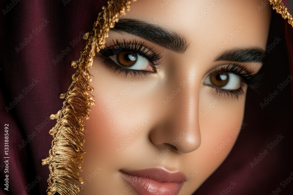 Close-up portrait, woman, hijab, makeup, dark background Close-up portrait, woman, hijab, makeup, dark background