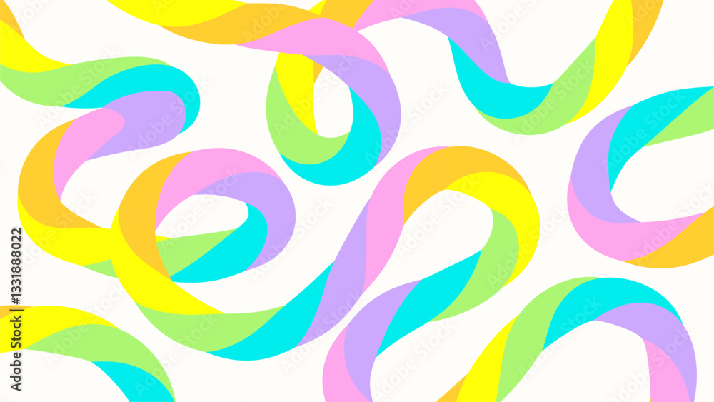 Obraz premium Abstract summer playful festive background. Colorful bright neon rainbow striped serpentine, spiral with loop on white background. Jute, rope, string for children's party, festival. Flat vector EPS10 
