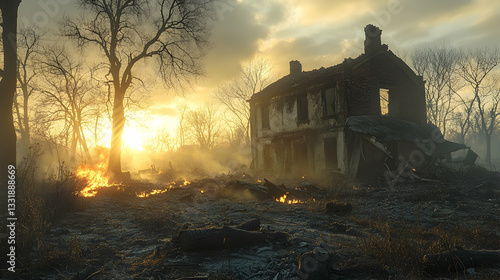 Ruined house, sunset, fire aftermath
