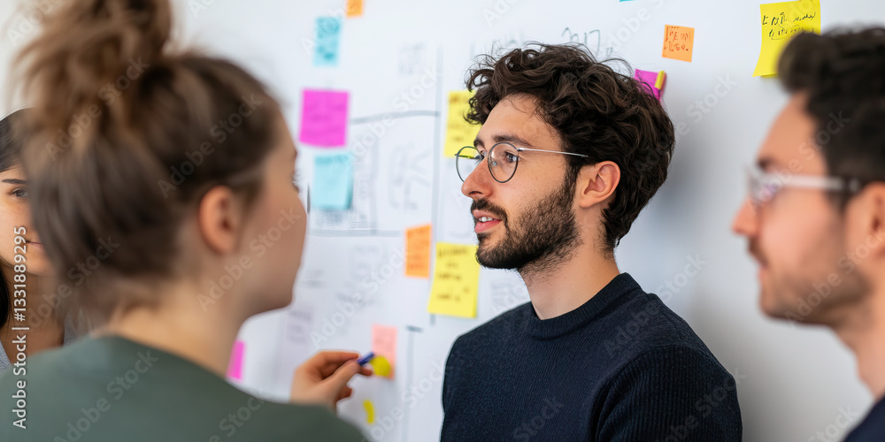 Obraz premium Team Brainstorming Session with Whiteboard and Sticky Notes