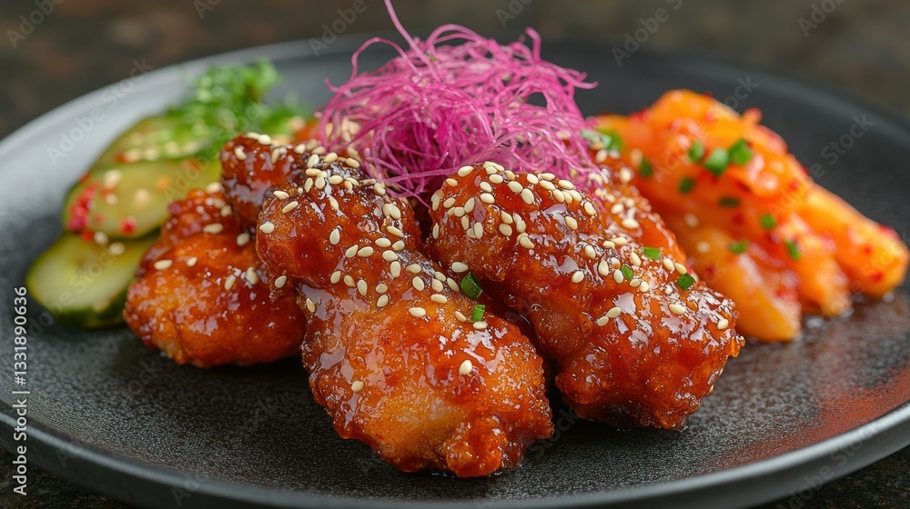 Fototapeta premium Korean fried chicken with kimchi and pickles on dark plate
