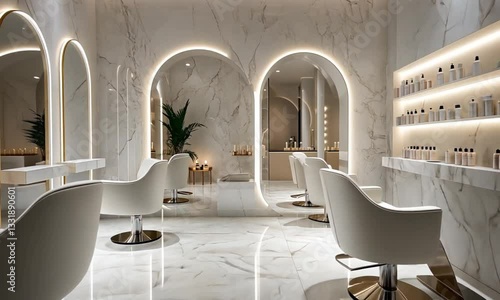 Elegant Hair Salon Interior Design: Modern Marble and Gold Accents