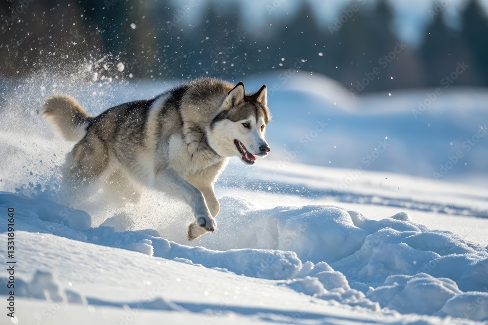 Naklejka premium Siberian Husky running joyfully through fresh snow in a winter landscape